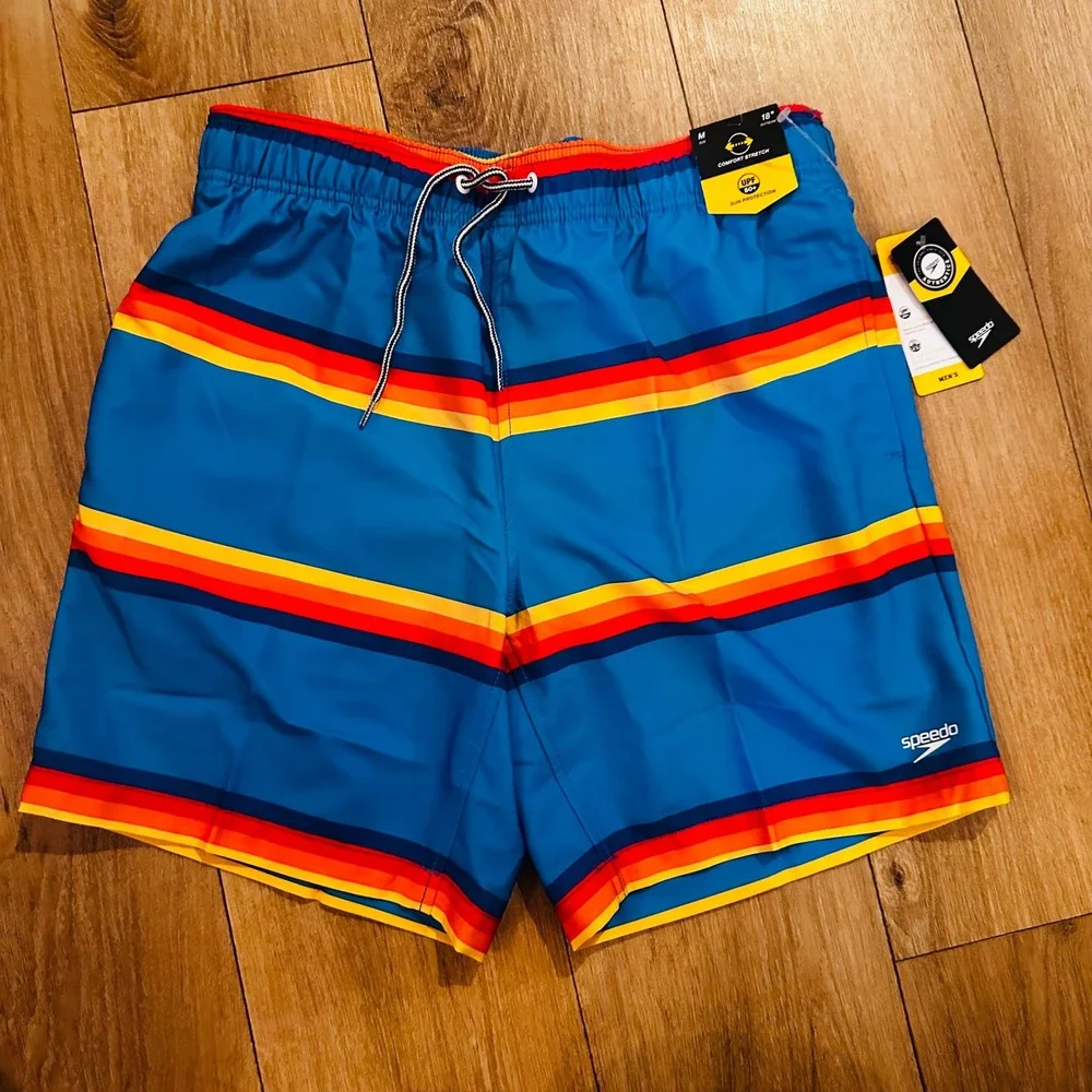 Speedo Mens Swim Trunks Blue Retro Stripe UPF 50+ Comfort Stretch 7784551400 M